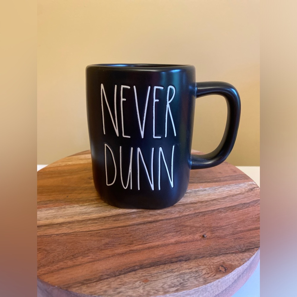 NWT Rae Dunn Black Mug “Never Dunn”